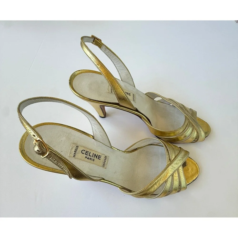Vintage 70s-80s Celine Metallic Gold Slingback Heels 36 France Designer Luxe